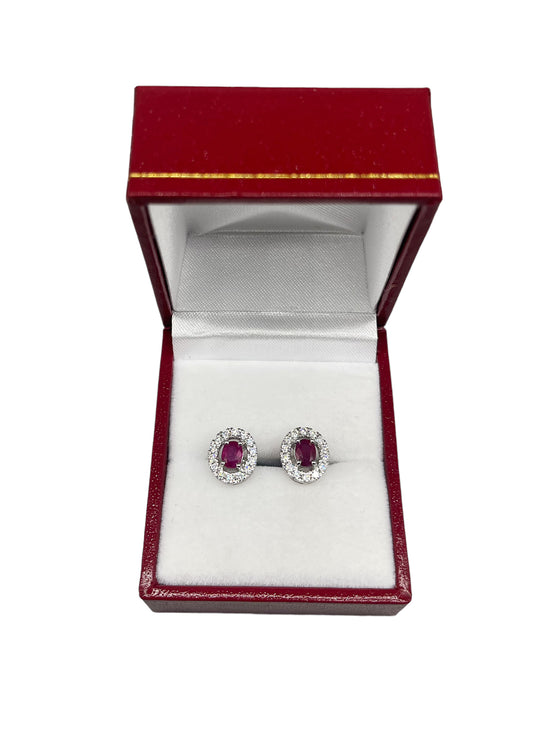 Pair of Ruby and Brilliant-Cut Diamond Cluster Earrings in 18ct Gold